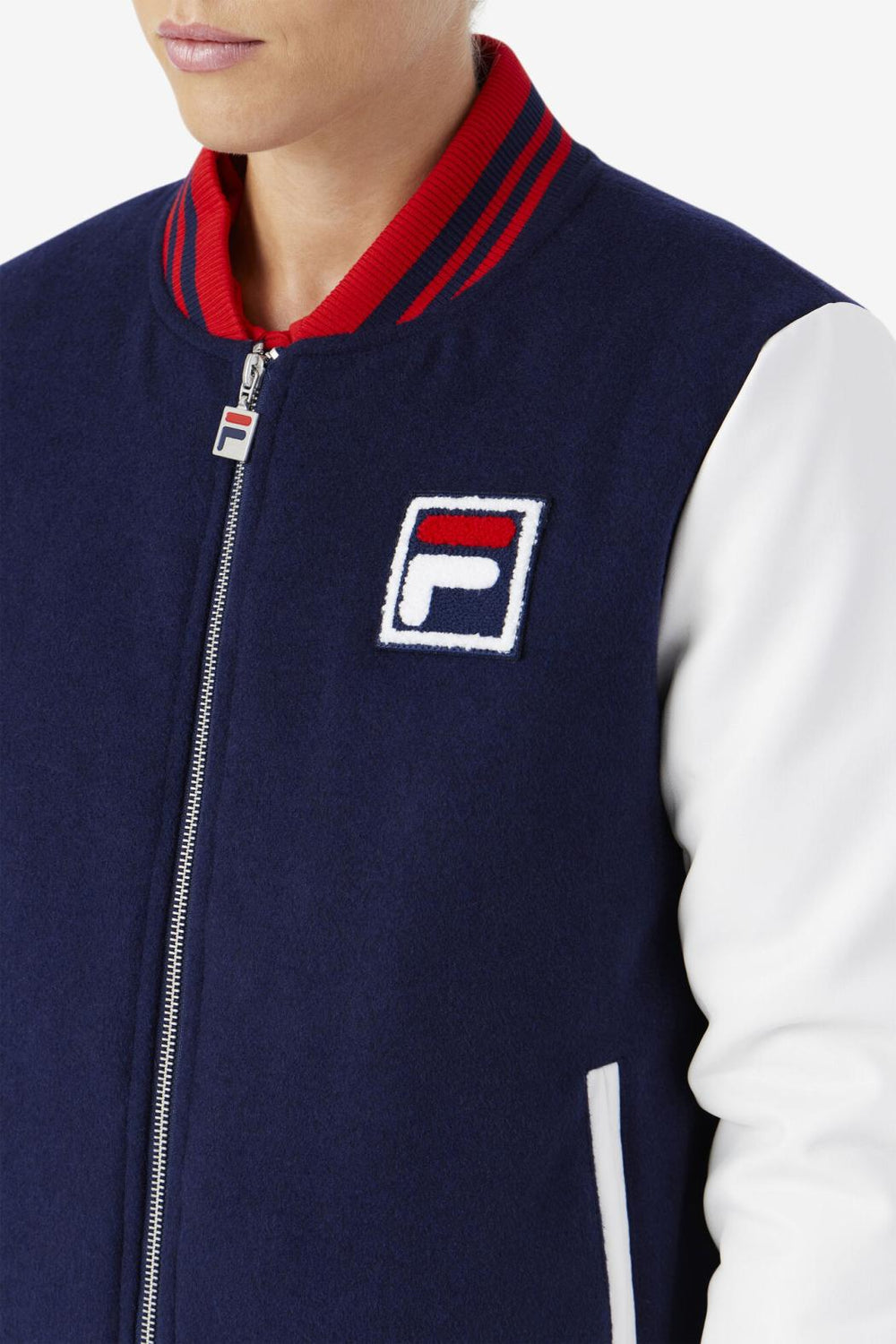 FILA Dixon Varsity Jacket 410 FILA NAVY / WHITE / FILA RED | Women Jackets &amp; Outerwear