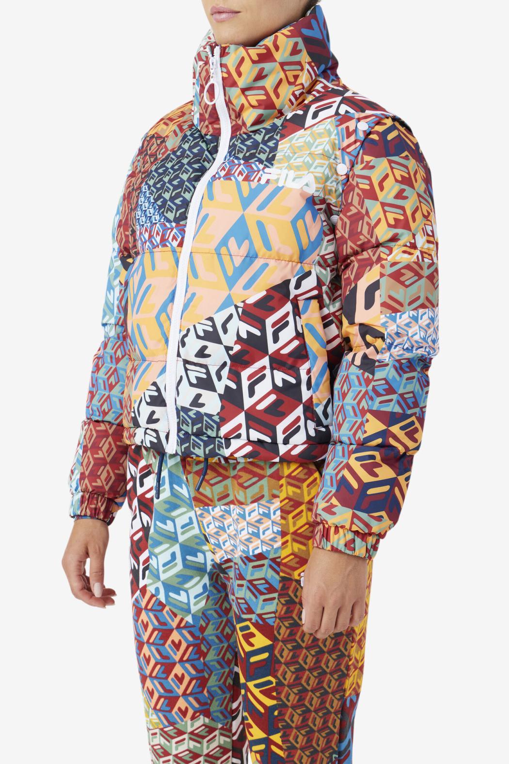 FILA Marina Snapoff Sleeve Puffer 933 MOONLIT OCEAN / RADIAN YELLOW / WHITE PRINT | Women Jackets &amp; Outerwear