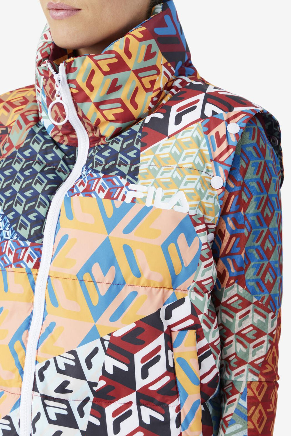 FILA Marina Snapoff Sleeve Puffer 933 MOONLIT OCEAN / RADIAN YELLOW / WHITE PRINT | Women Jackets &amp; Outerwear