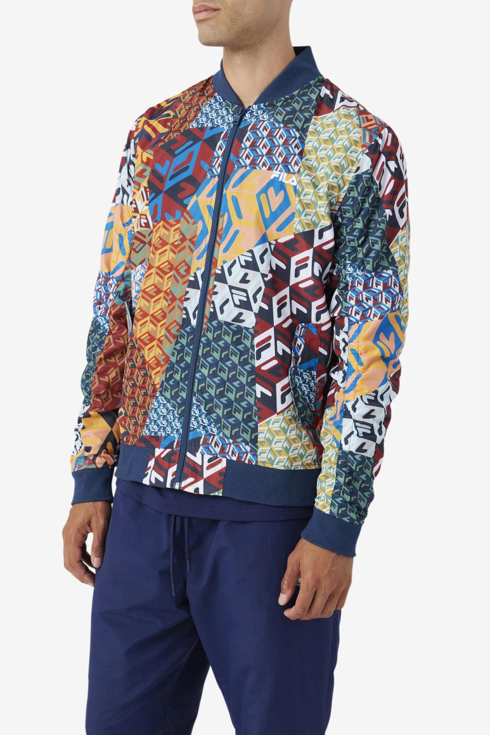 FILA Mav Bomber Jacket 933 MOONLIT OCEAN / RADIAN YELLOW / WHITE PRINT | Men Sweaters &amp; Outerwear
