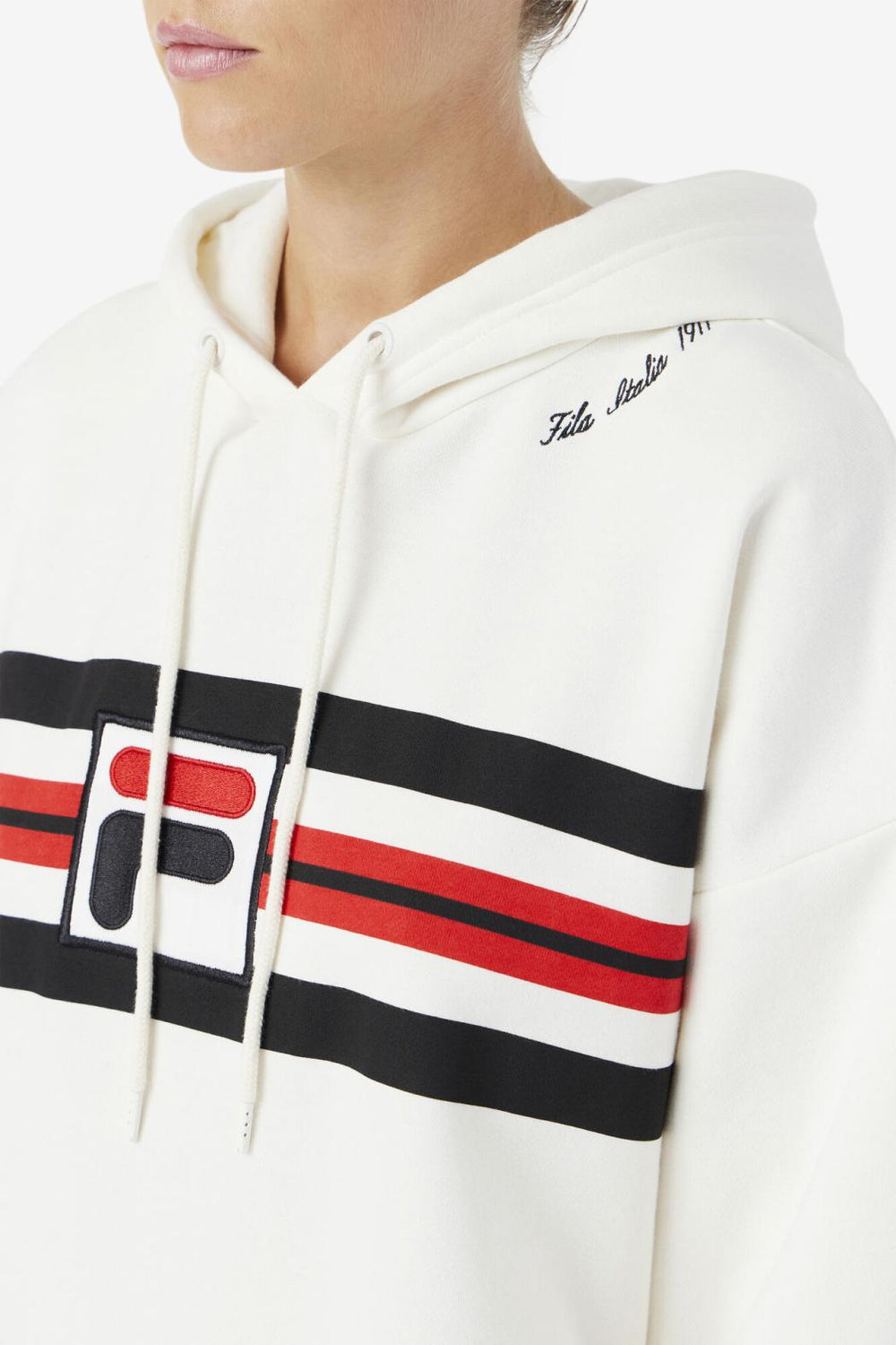 FILA Stella Hoodie Dress 132 GARDENIA / BLACK / FILA RED | Women Sweatshirts &amp; Hoodies