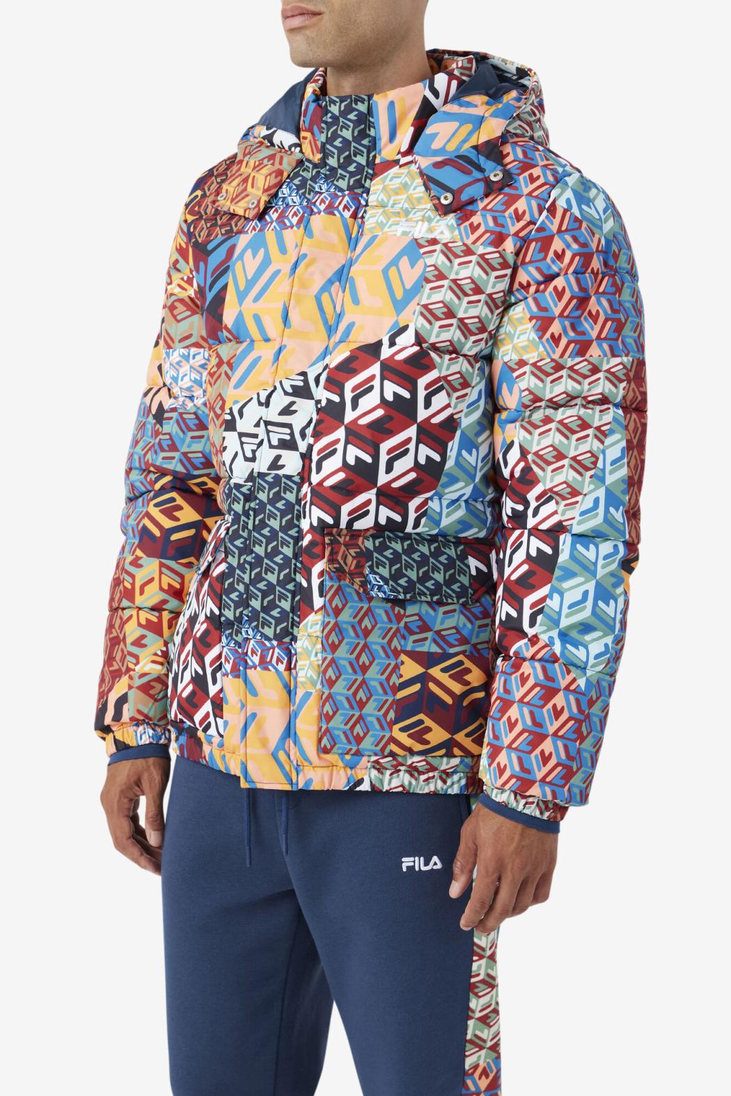 FILA Vostok Outdoor Puffer Jacket 933 MOONLIT OCEAN / RADIAN YELLOW / WHITE PRINT | Men Sweaters &amp; Outerwear