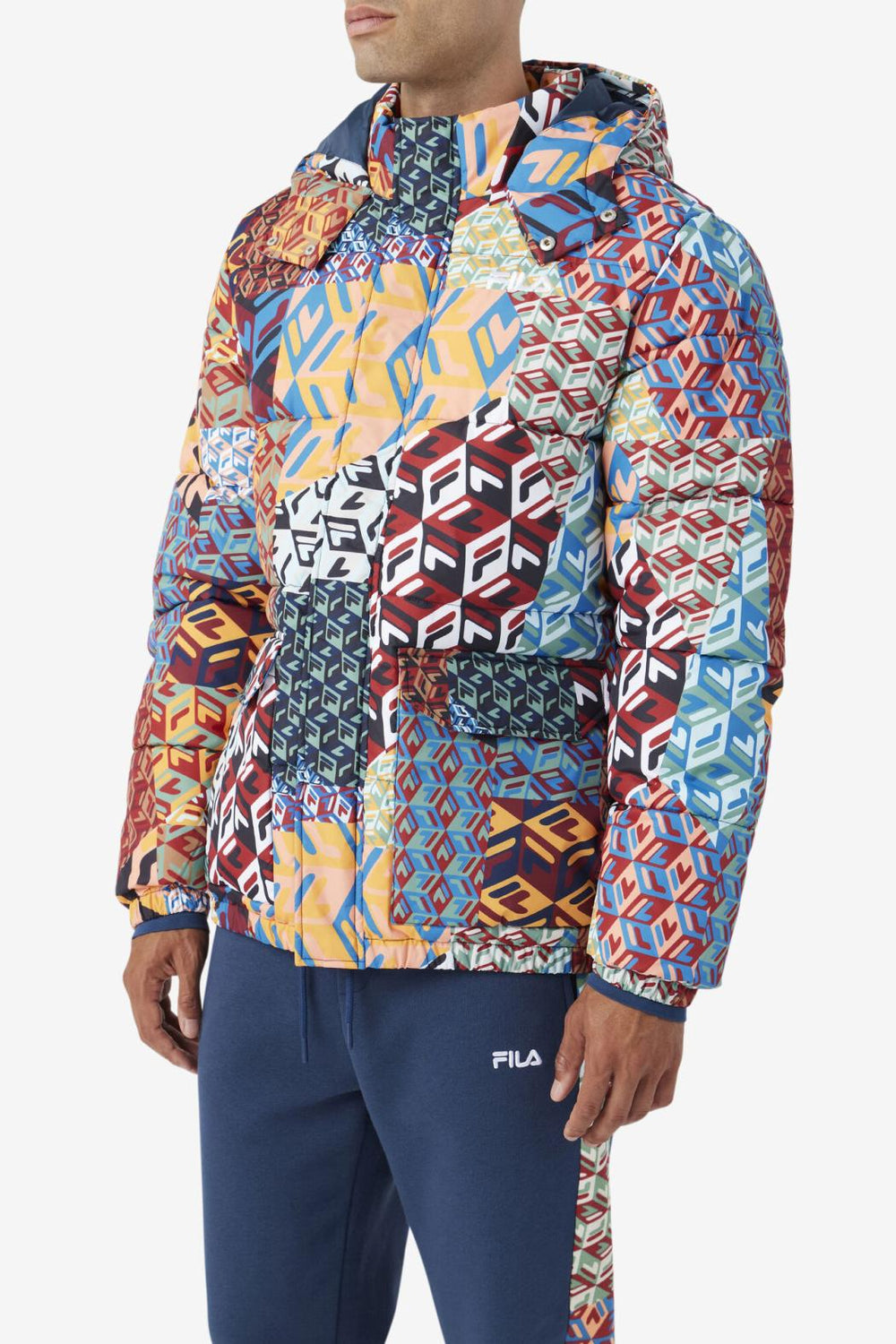 FILA Vostok Outdoor Puffer Jacket 933 MOONLIT OCEAN / RADIAN YELLOW / WHITE PRINT | Men Sweaters &amp; Outerwear