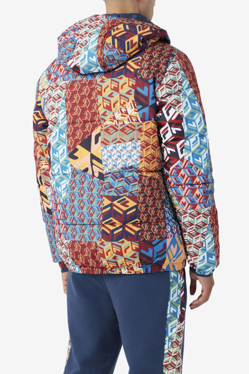 FILA Vostok Outdoor Puffer Jacket 933 MOONLIT OCEAN / RADIAN YELLOW / WHITE PRINT | Men Sweaters &amp; Outerwear