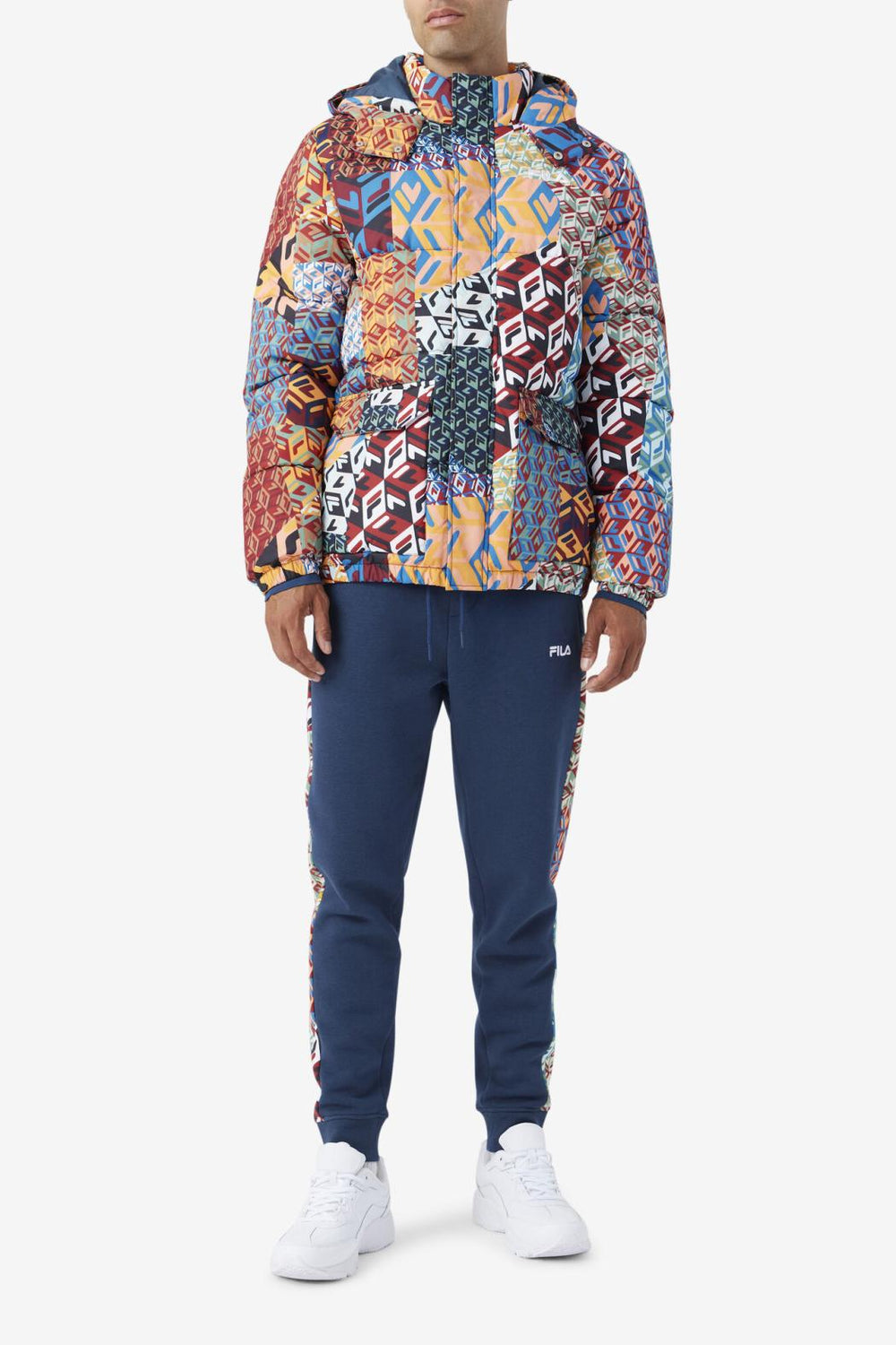 FILA Vostok Outdoor Puffer Jacket 933 MOONLIT OCEAN / RADIAN YELLOW / WHITE PRINT | Men Sweaters &amp; Outerwear