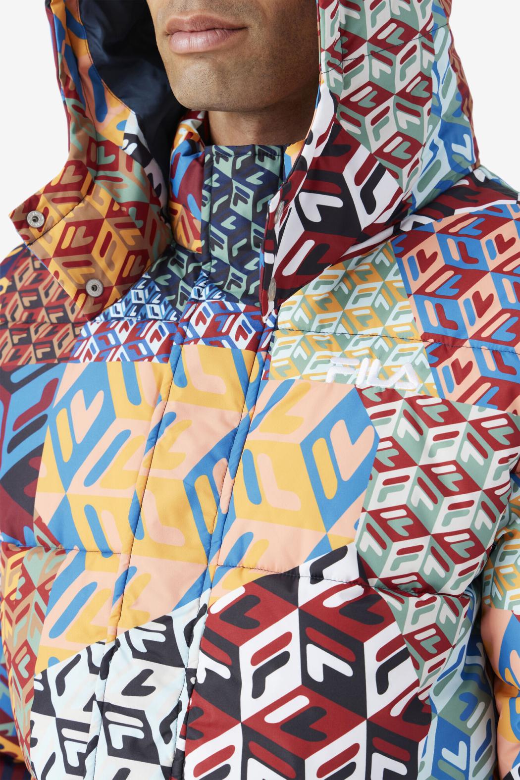 FILA Vostok Outdoor Puffer Jacket 933 MOONLIT OCEAN / RADIAN YELLOW / WHITE PRINT | Men Sweaters &amp; Outerwear